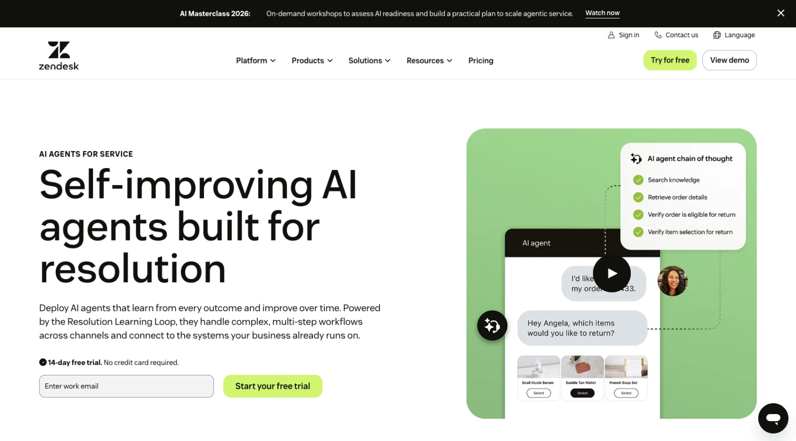 Zendesk AI agents 产品页